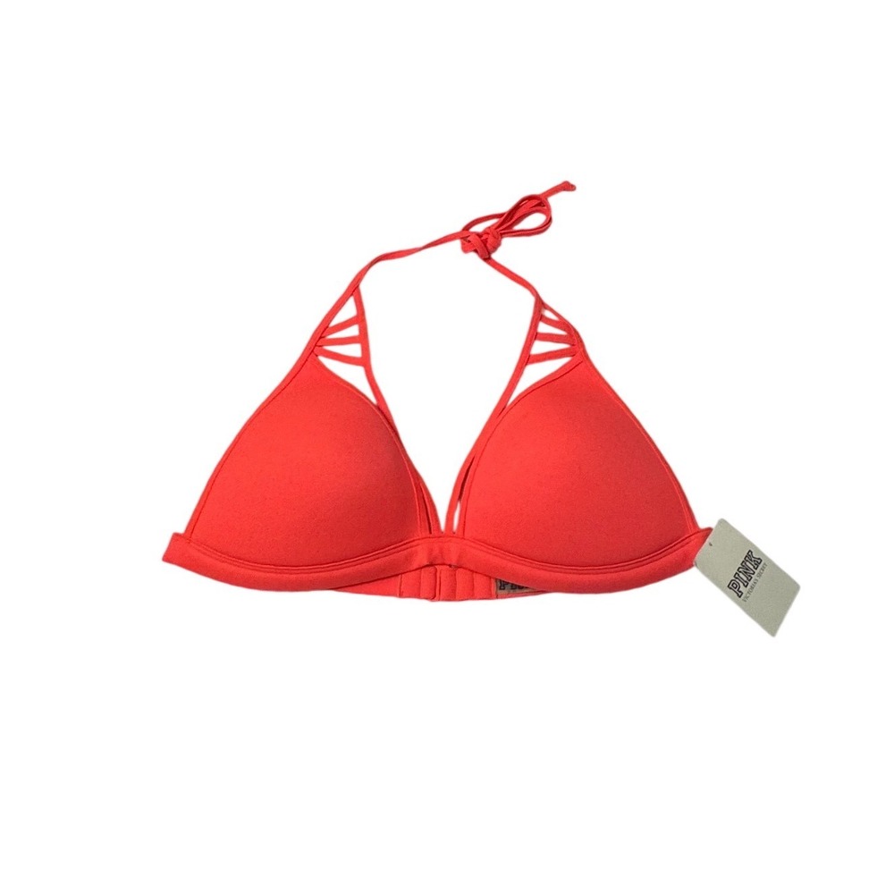 Victoria's Secret PINK Neon Coral Strappy Push Up Bikini Top Halter Size L (A-C)
